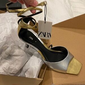 NWB Stunning ZARA Silver and Gold Leather Sandals 37